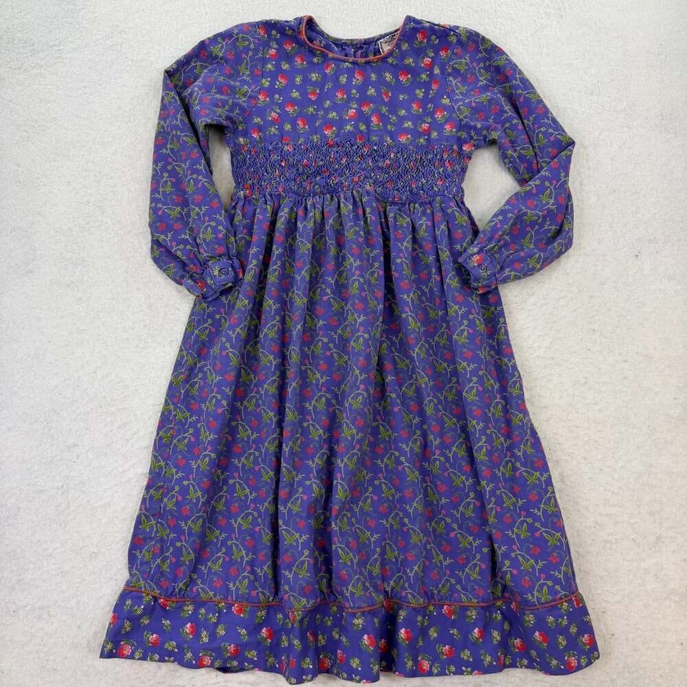 Vintage 80s Cornelloki Purple Floral Smocked Prairie Dress Girls Sz 7/8